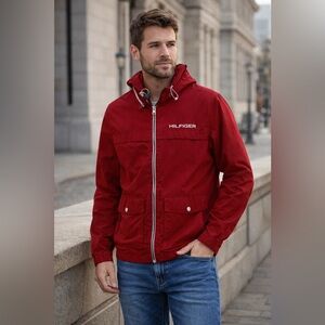 Tommy Hilfiger Red Windbreaker Jacket Men Size S Lightweight Hooded Casual